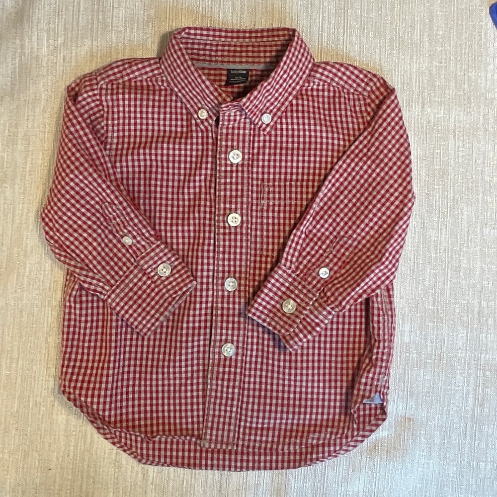 babyGap Red Gray Gingham Button-Down Shirt 12-18 Months Pocket Holiday